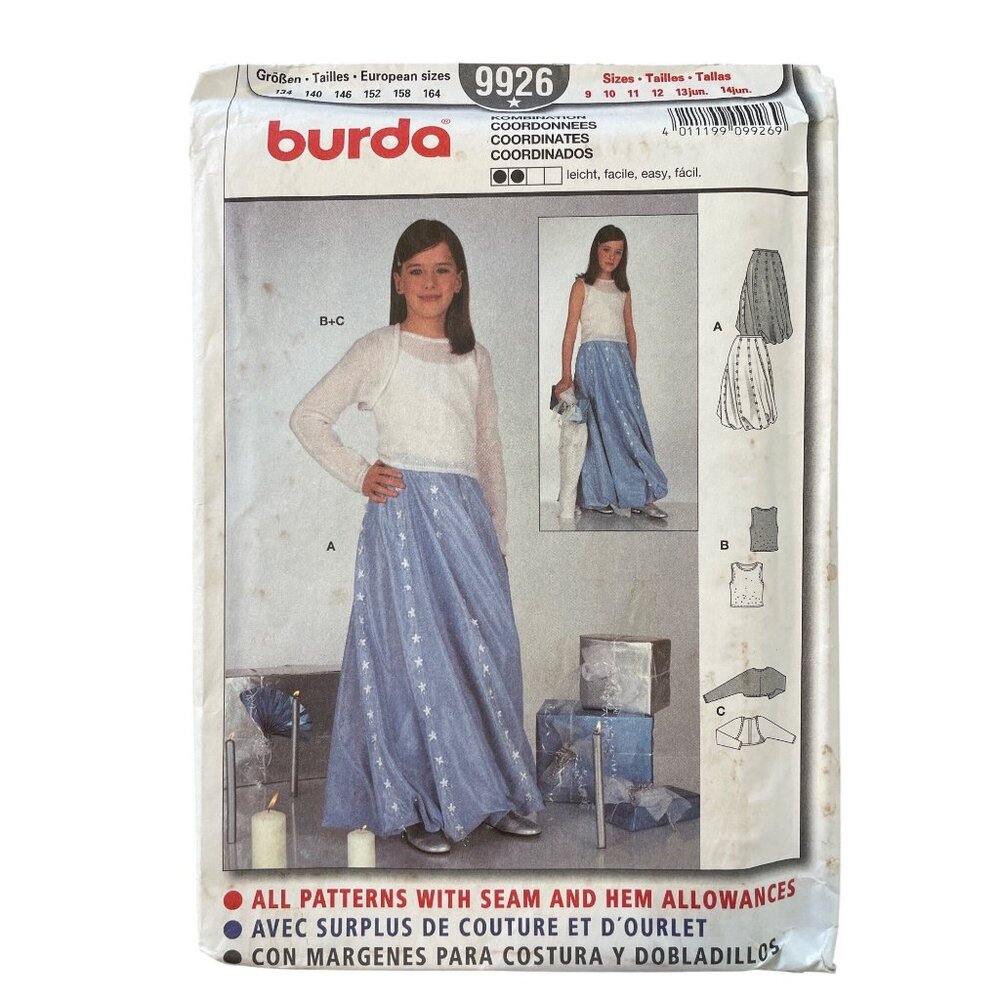 Burda 9926 Girls Sewing Pattern Sizes 9-14 Coordinates Top Jacket Skirt UNCUT